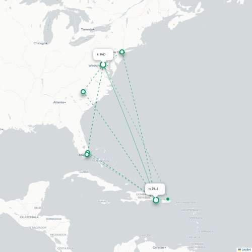 Mapa lotu bezpośredniego Waszyngton – Punta Cana