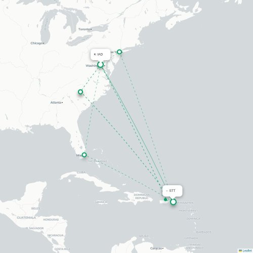 Mapa de vuelo directo Washington D. C. - Saint Thomas Island