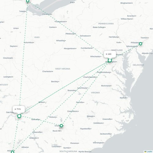 Mapa de vuelo directo Washington D. C. - Knoxville
