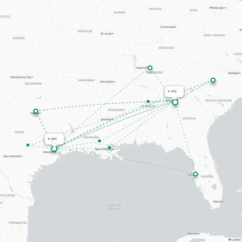 Mapa de vuelo directo Houston - Atlanta