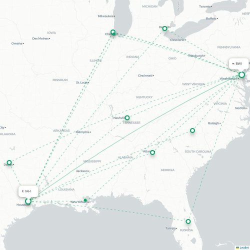 Mapa de vuelo directo Houston - Baltimore