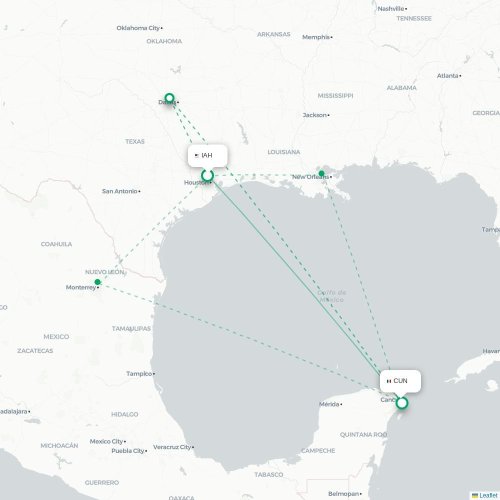Mapa lotu bezpośredniego Houston – Cancún