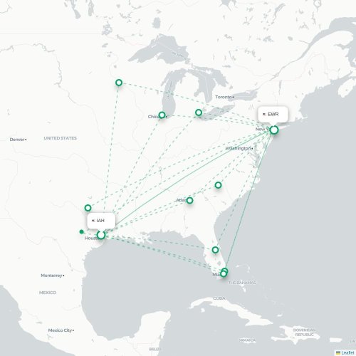 Mapa de vuelo directo Houston - Newark