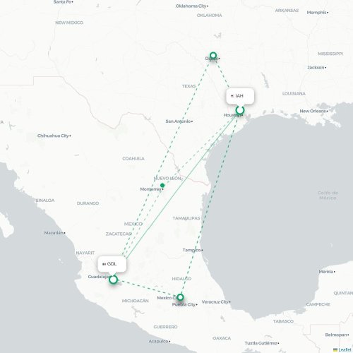Mapa lotu bezpośredniego Houston – Guadalajara