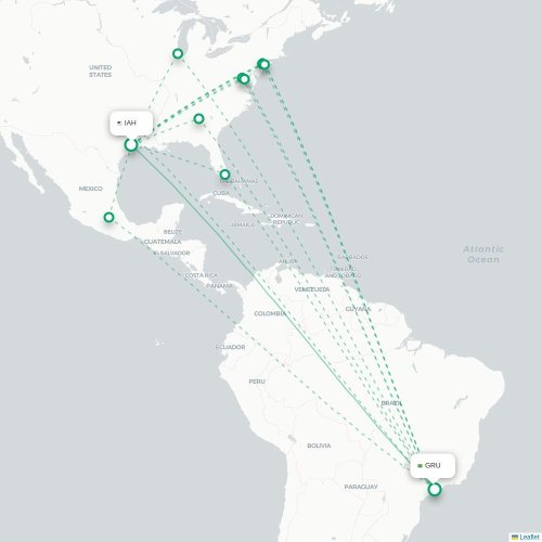 Mapa de vuelo directo Houston - São Paulo