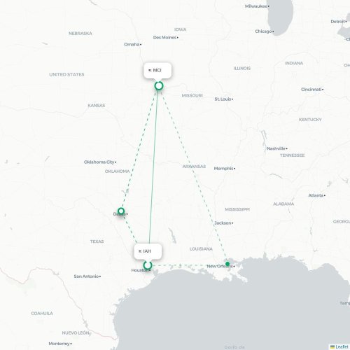 Mapa lotu bezpośredniego Houston – Kansas City