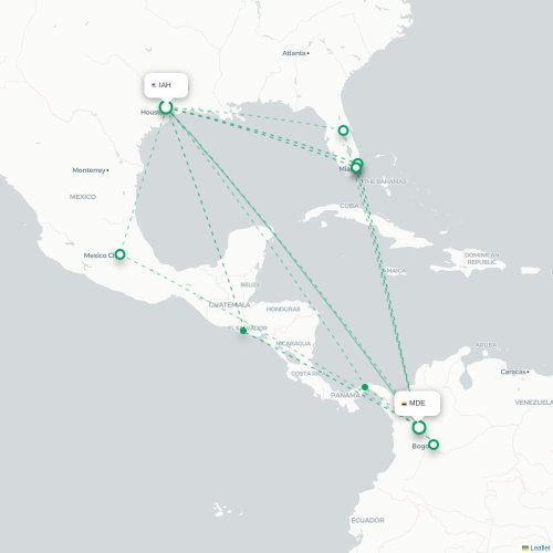 Mapa de vuelo directo Houston - Medellín