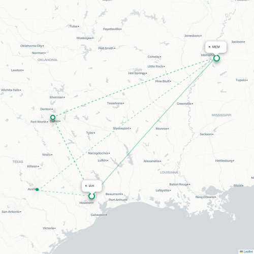 Mapa de vuelo directo Houston - Memphis