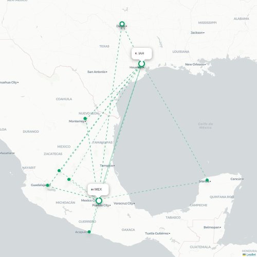 Mapa lotu bezpośredniego Houston – Meksyk