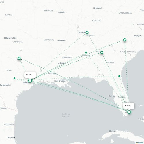 Mapa lotu bezpośredniego Houston – Miami