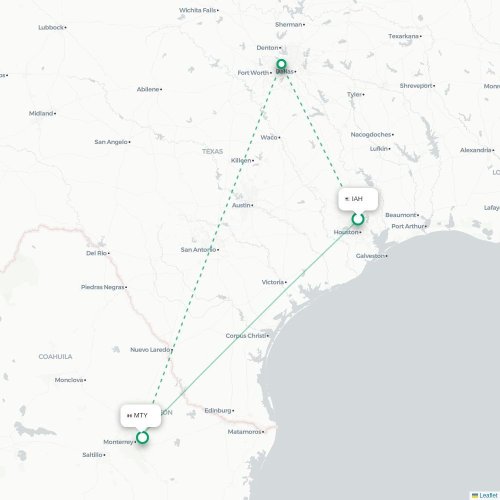 Mapa lotu bezpośredniego Houston – Monterrey