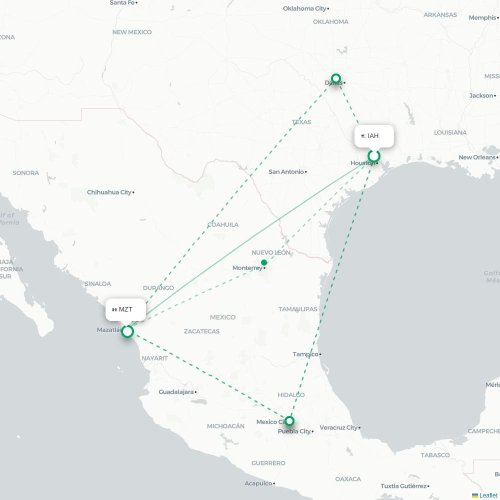 Mapa lotu bezpośredniego Houston – Mazatlán