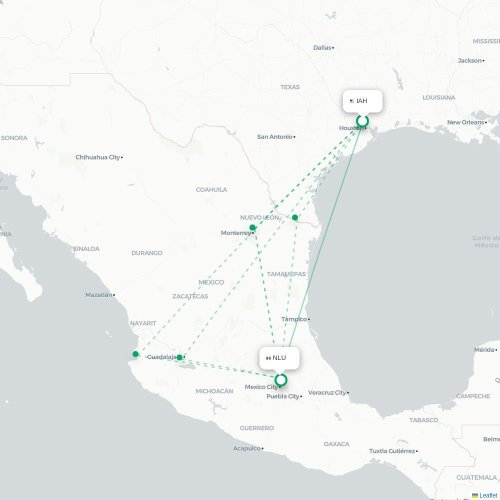 Mapa de vuelo directo Houston - Ciudad de México, D.F.