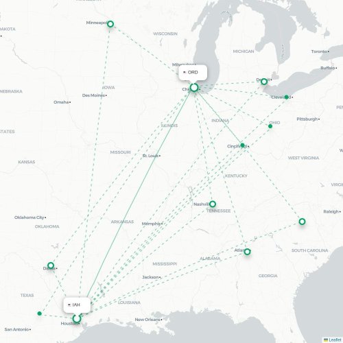 Mapa de vuelo directo Houston - Chicago