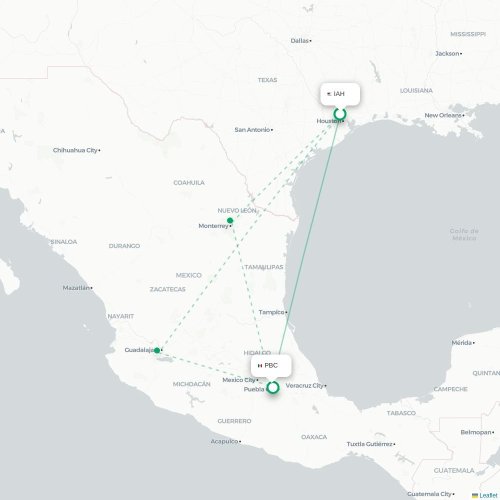 Mapa de vuelo directo Houston - Puebla de Zaragoza