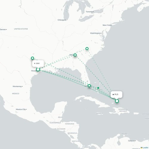 Mapa de vuelo directo Houston - Providenciales