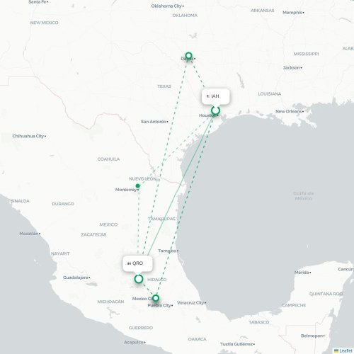 Mapa lotu bezpośredniego Houston – Santiago de Querétaro
