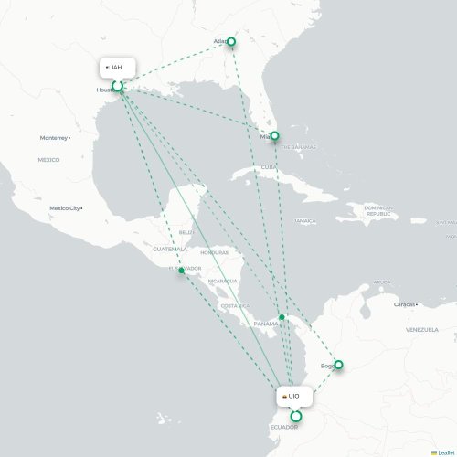 Mapa de vuelo directo Houston - Quito