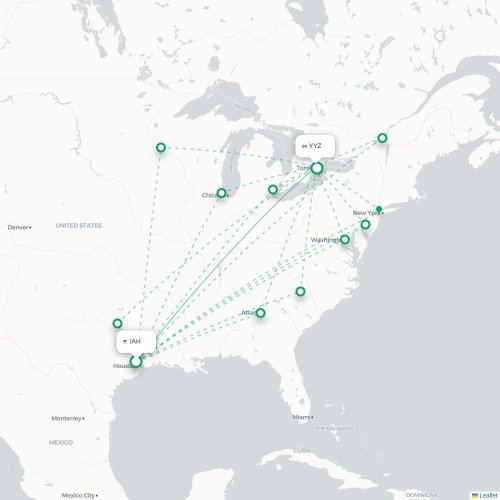 Mapa de vuelo directo Houston - Toronto