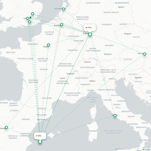 Ibiza – Frankfurt suoran lennon kartta