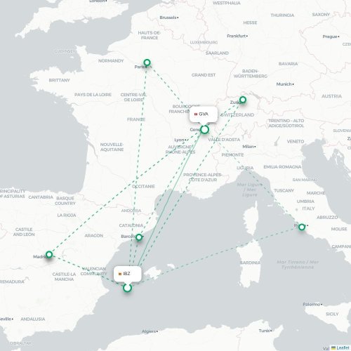 Mapa de vuelo directo Ibiza - Ginebra