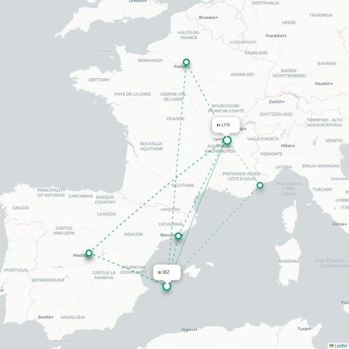 Mapa de vuelo directo Ibiza - Lyon