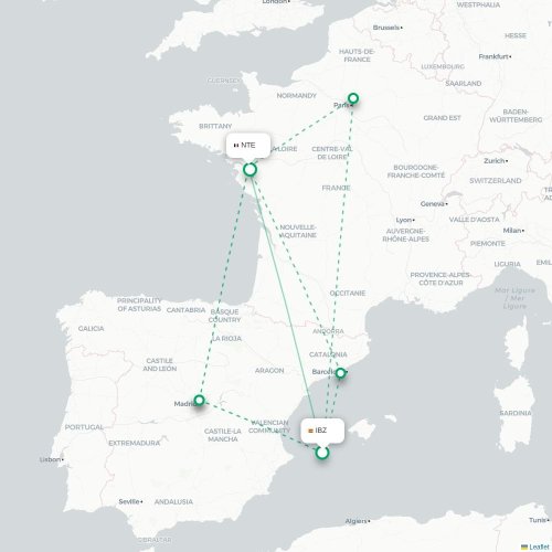 Mapa de vuelo directo Ibiza - Nantes