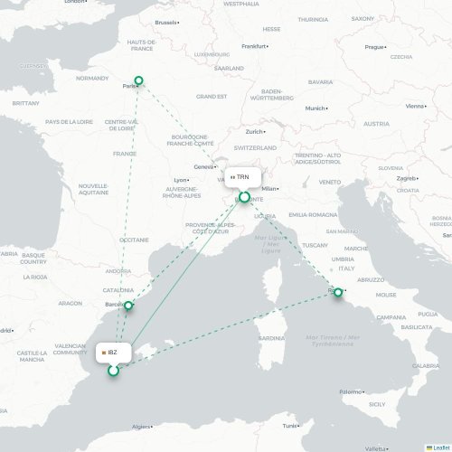 Mapa de vuelo directo Ibiza - Turín, Torino