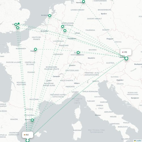 Mapa de vuelo directo Ibiza - Viena