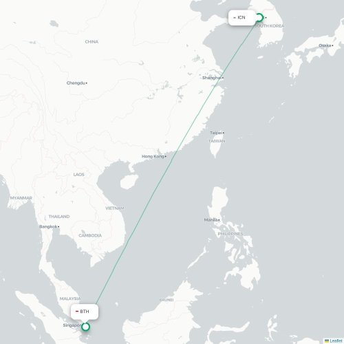 Mapa lotu bezpośredniego Inczhon – Batam