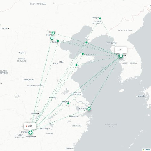 Mapa de vuelo directo Incheon - Changsha
