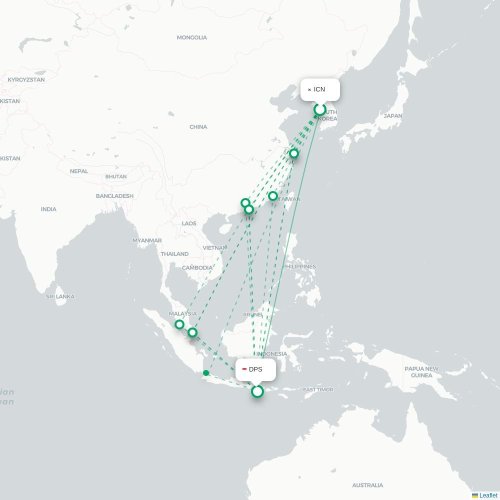 Mapa lotu bezpośredniego Inczhon – Denpasar