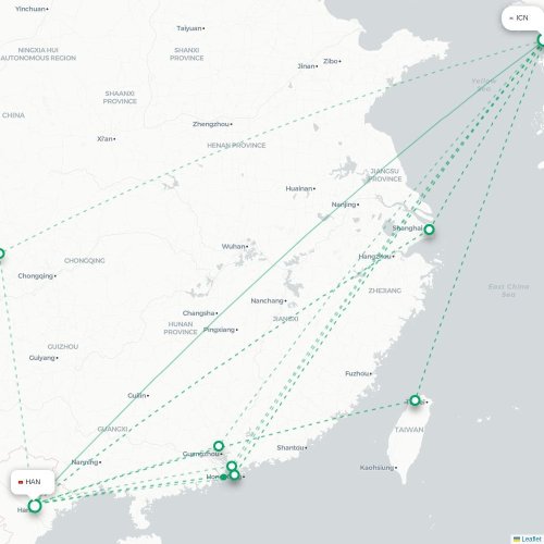 Mapa lotu bezpośredniego Inczhon – Hanoi