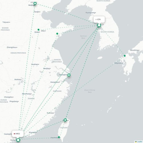 Mapa lotu bezpośredniego Inczhon – Hongkong
