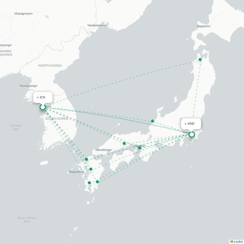 Mapa lotu bezpośredniego Inczhon – Tokio