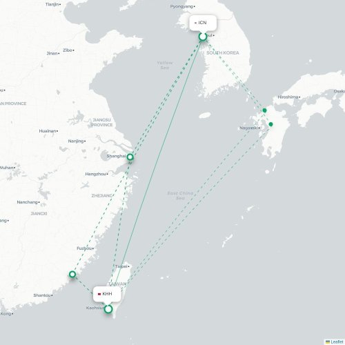 Mapa lotu bezpośredniego Inczhon – Kaohsiung