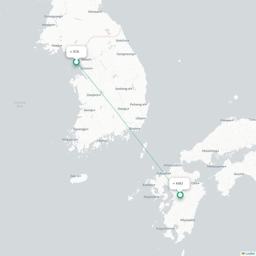 Mapa lotu bezpośredniego Inczhon – Kumamoto