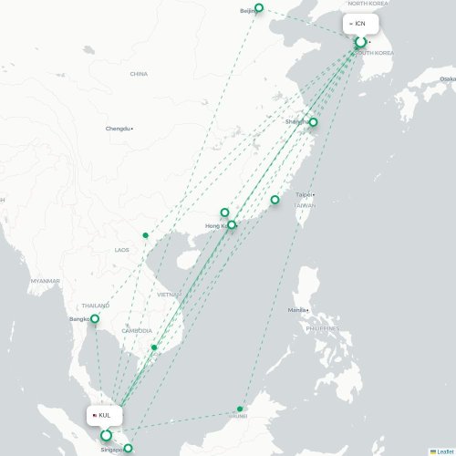 Mapa de vuelo directo Incheon - Kuala Lumpur