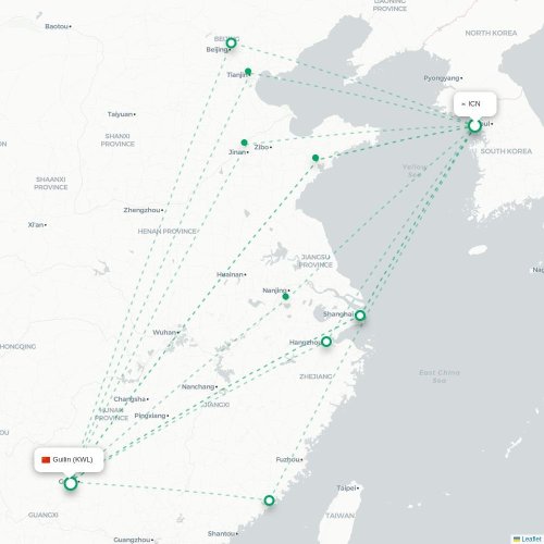 Mapa de vuelo directo Incheon - Guilin