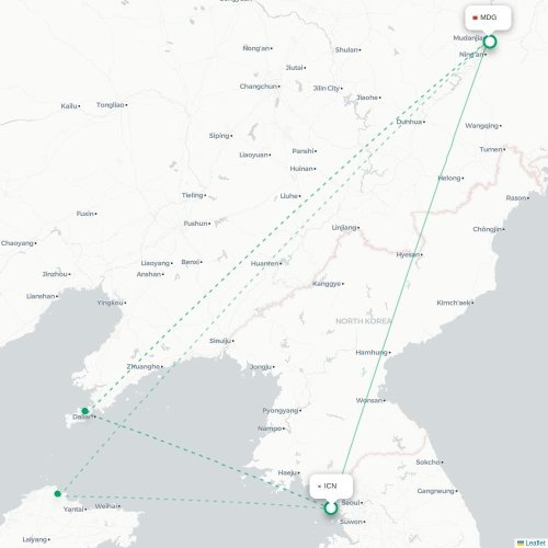 Mapa de vuelo directo Incheon - Mudanjiang