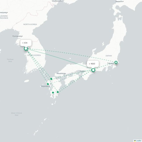 Mapa lotu bezpośredniego Inczhon – Nagoja