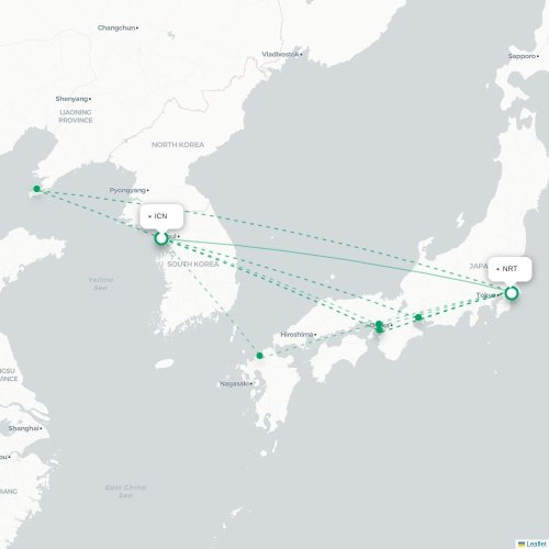 Mapa lotu bezpośredniego Inczhon – Tokio