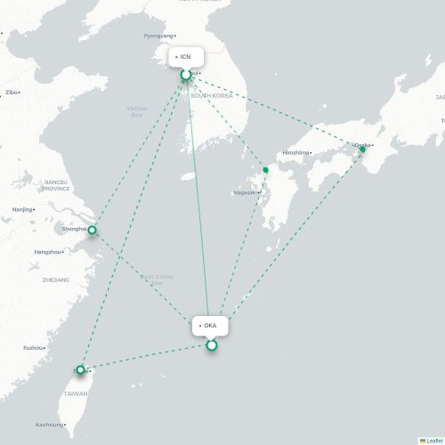 Mapa lotu bezpośredniego Inczhon – Okinawa