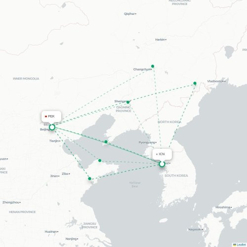 Mapa lotu bezpośredniego Inczhon – Pekin