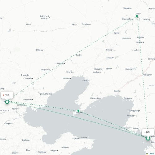 Mapa lotu bezpośredniego Inczhon – Pekin