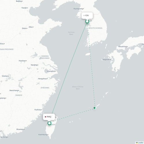 Mapa de vuelo directo Incheon - Taichung