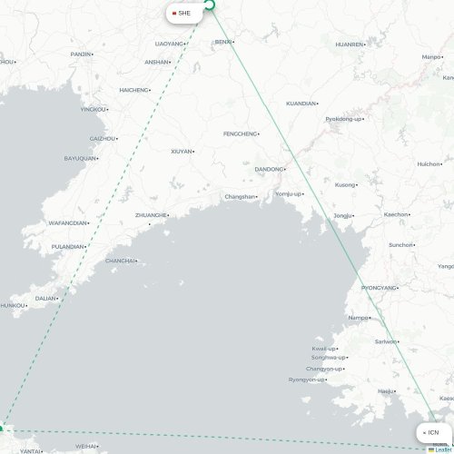 Mapa lotu bezpośredniego Inczhon – Shenyang
