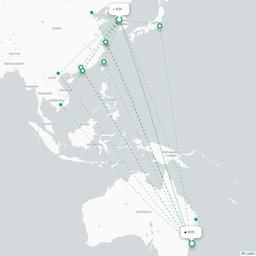 Mapa lotu bezpośredniego Inczhon – Sydney
