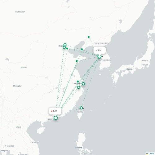 Mapa lotu bezpośredniego Inczhon – Shenzhen