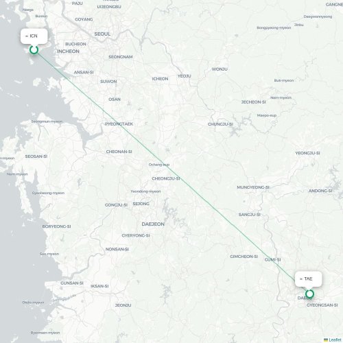 Mapa de vuelo directo Incheon - Daegu
